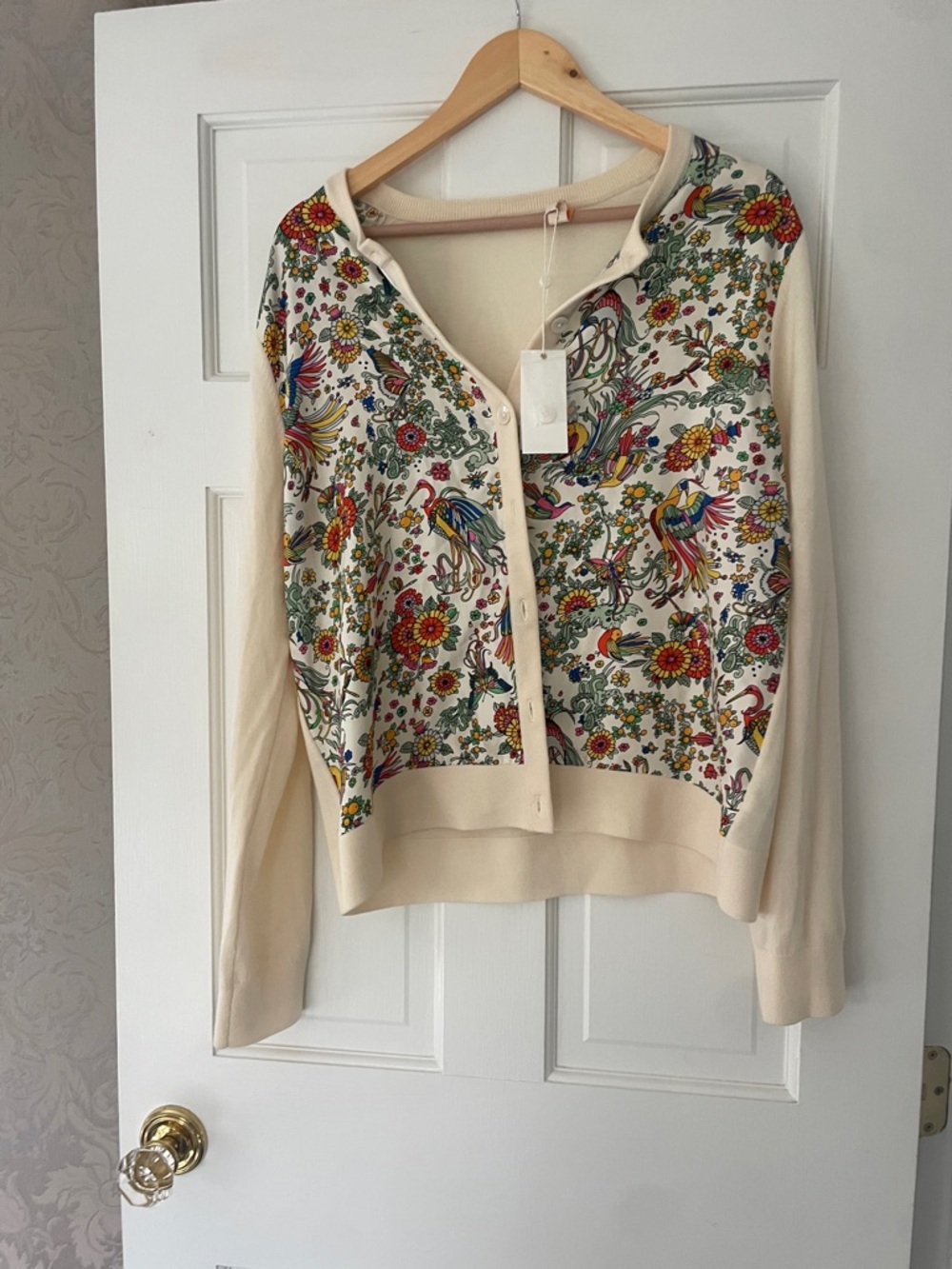 Cream Cardigan XL Tory Burch  Floral & Bird Print Promised Land Silk Front